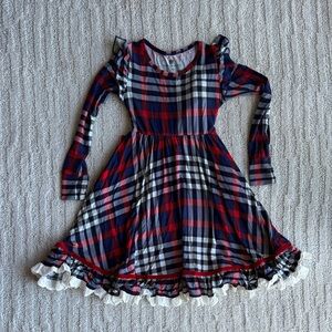 Girls Plaid Ruffle-Hem Long Sleeve Dress - Red, Navy & White size 7/8